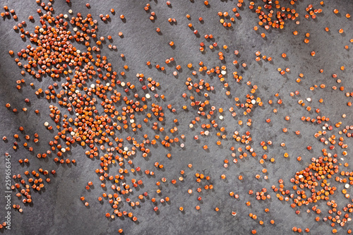 Red seeds of organic quinoa - Chenopodium quinoa. Top view