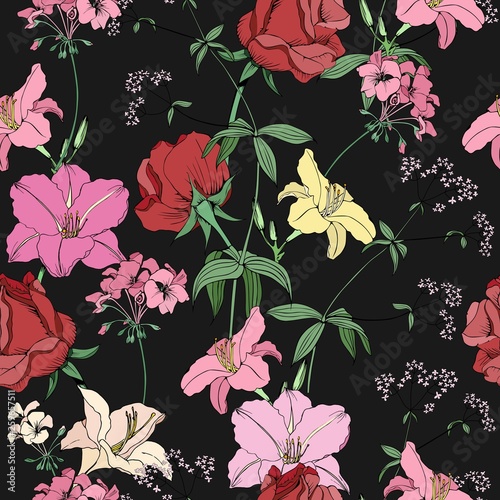 Seamless pattern of flowers . Roses and lilies and black background for textile and design.