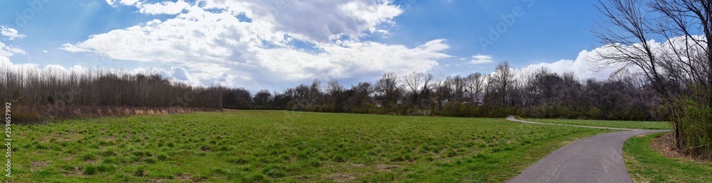 Views of Nature and Pathways along the Shelby Bottoms Greenway and Natural Area Cumberland River frontage trails, bottomland hardwood forests, open fields, wetlands, and streams, Nashville, Tennessee.