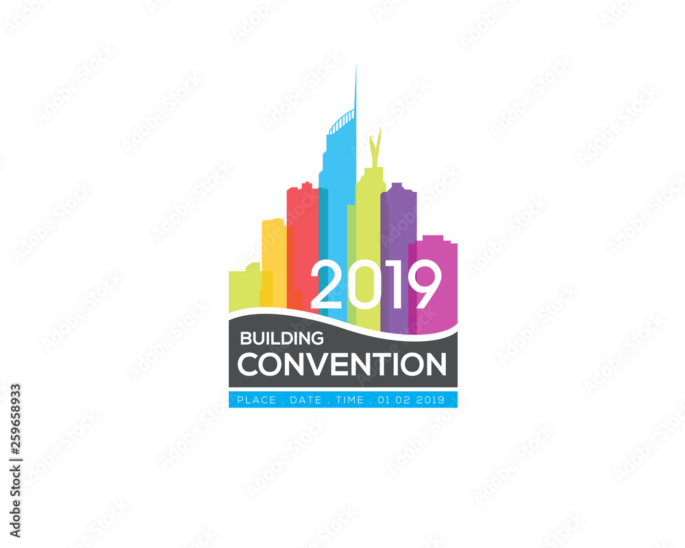 Building convention logo sign with image of cityscape skyline skyscrapper