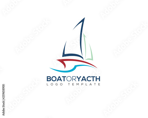 yacht boat in negative space logo with summer ocean wave and simple line silhouette