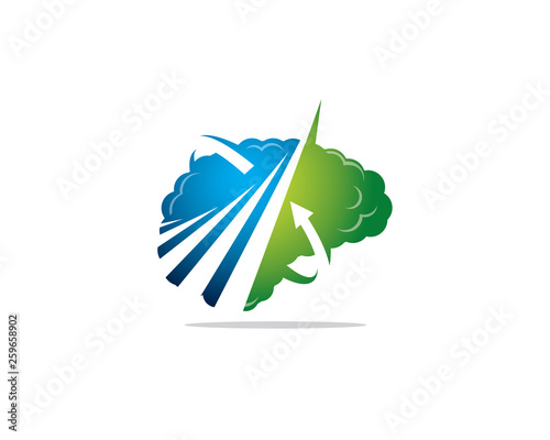 two tone complex brain image with increasing ascending graph bar and rotating arrow point indicating a process 