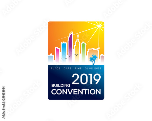 building convention logo sign with image of cityscape skyline skyscrapper sunrays palm birds and beach