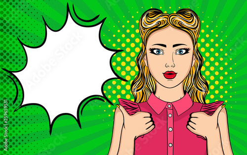 Pop art illustration of young sexy woman, showing thumbs up.