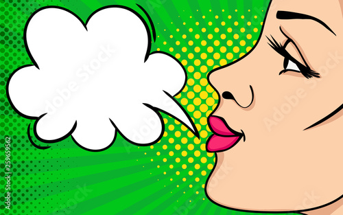 Young woman with open mouth, screams announcement. Vector colorful background in pop art retro comic style