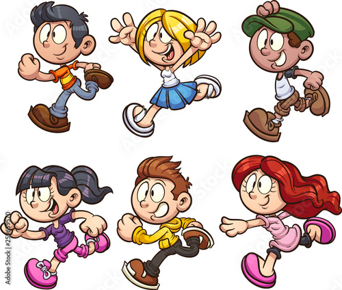 Cartoon kids running clip art. Vector illustration with simple gradients. Each on a separate layer. 