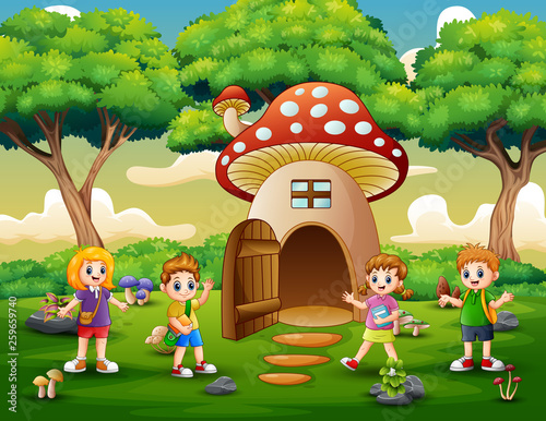 Happy school children on the fantasy house of mushroom