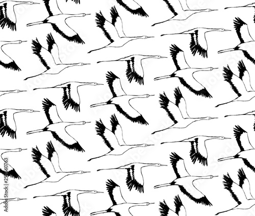 Vector seamless pattern with storks bird flying. Seamless with birds flying. Black and white. Pattern for fabric  baby clothes  background  textile  wrapping paper and other decoration.