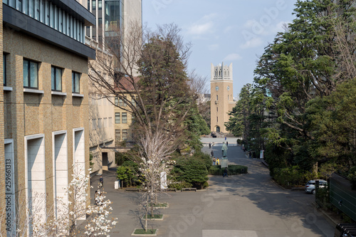 Photography Waseda, Tokyo, Japan, 03/23/2019 , Waseda Campus, view over the statue of Okuma Shighenobu, founder of waseda university