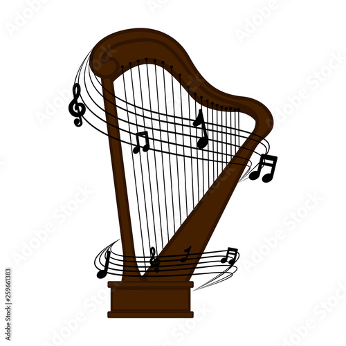 Isolated harp with a musical pentagram around. Vector illustration design