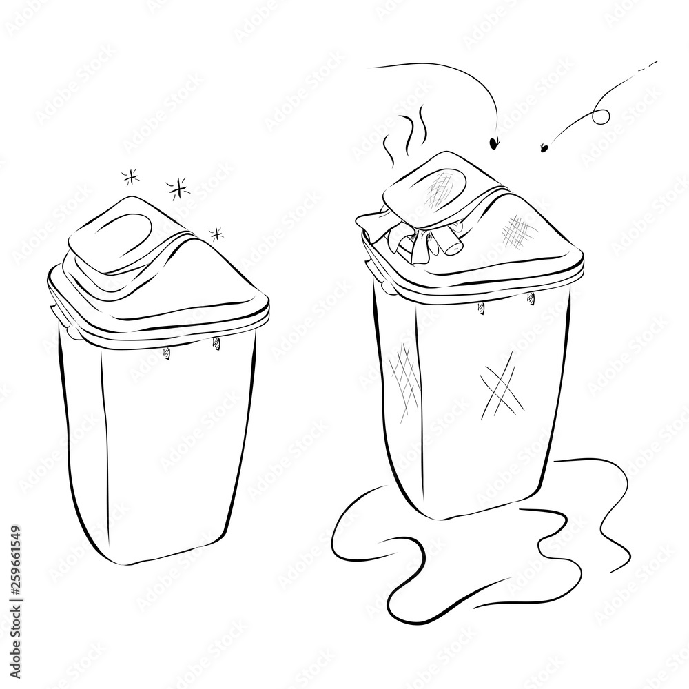 Vector Outline Hand Draw Sketch Of Clean And Tidy Trash Bin, At White Stock  Photo, Picture and Royalty Free Image. Image 128382180.