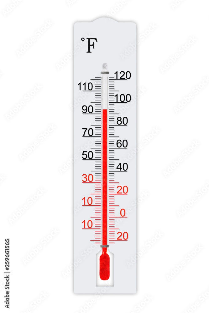 Fahrenheit scale measurement system. Thermometer for measuring air  temperature isolated on white background. Air temperature plus 94 degrees  fahrenheit Stock Photo
