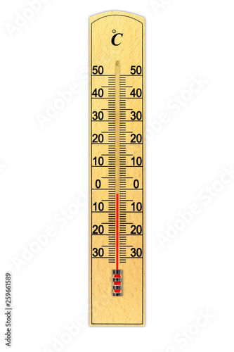 Wooden celsius scale thermometer isolated on white background. Thermometer shows air temperature minus 2 degrees