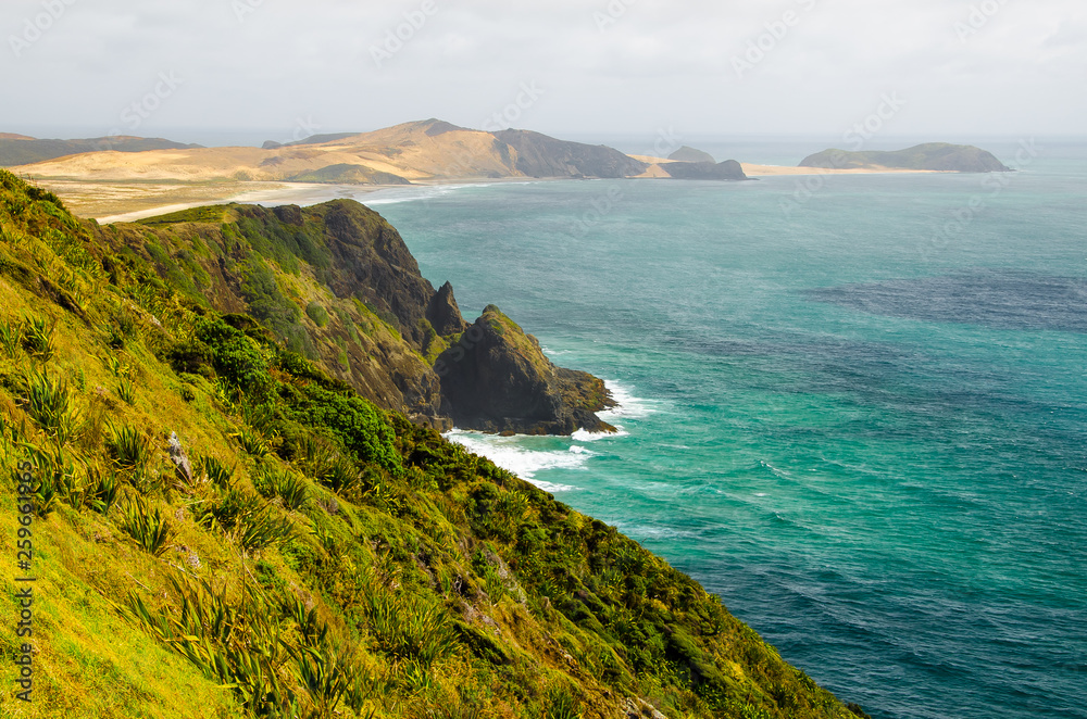 Coastline view from Cape Reinga with blue sky and white clouds above, Northland, New Zealand