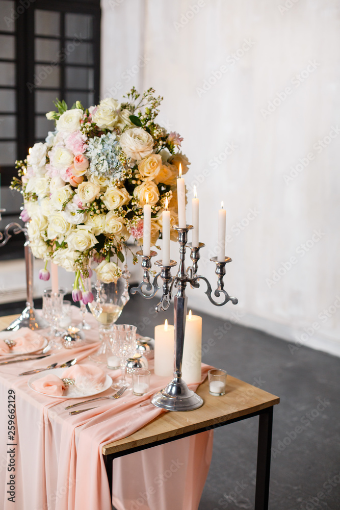 Wedding ceremony decoration. Decoration of wedding table with tender pink textile. Wedding decorated area. Wedding ceremony decoration. Decoration of wedding table with tender pink textile. Wedding decorated area.