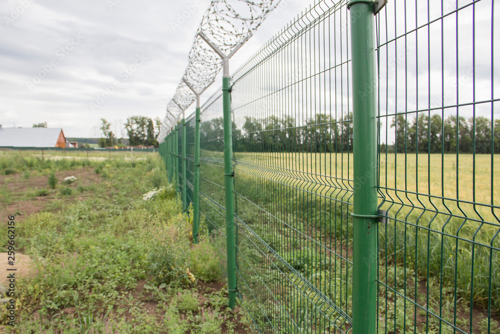 Agricultural field, which is fenced with a net and between there is a field road