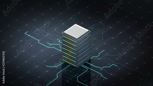 Internet of things artificial intelligence computer technology connect Main server system with blue lighting line. 4k animation. 