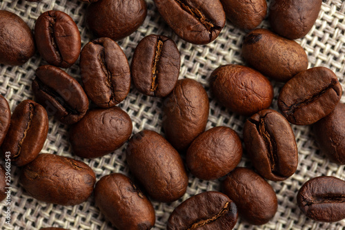Close up of coffee beans on cloth sack