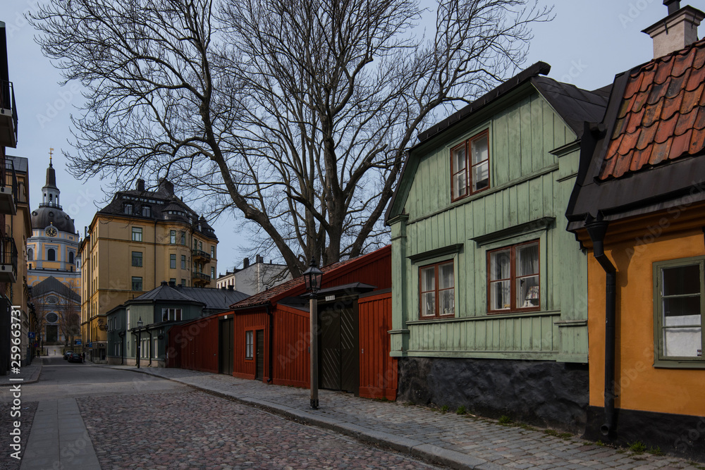 Old houses from the Södermalm district a sunny spring day in Stockholm