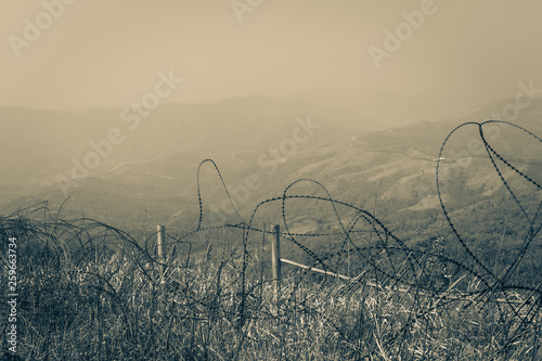 landscape Tangled barbed wire in the Vietnam War