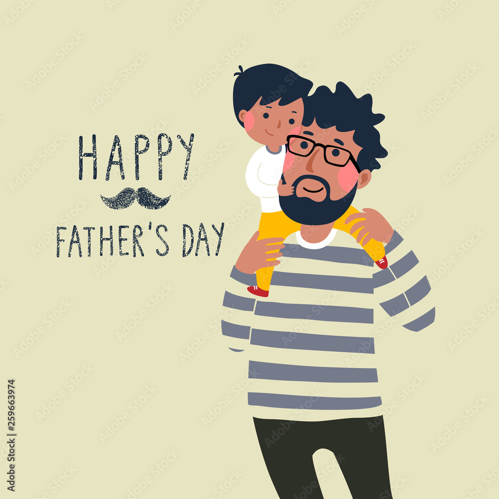 Happy father’s day card. Cute little boy on his father’s shoulder.