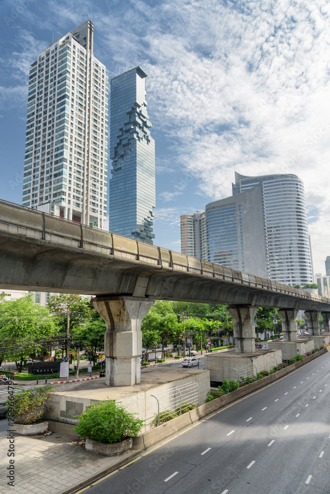 Deserted Sathon Road and viaduct of BTS Silom Line. Bangkok