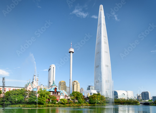 Scenic view of park and skyscraper at Seoul, South Korea