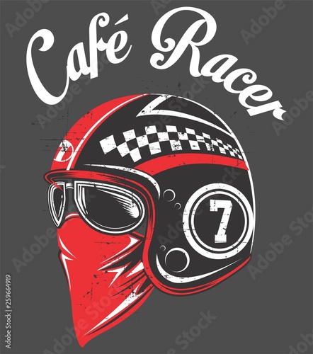 Motorcycle rider helmet,with tex cafe racer.vector hand drawing