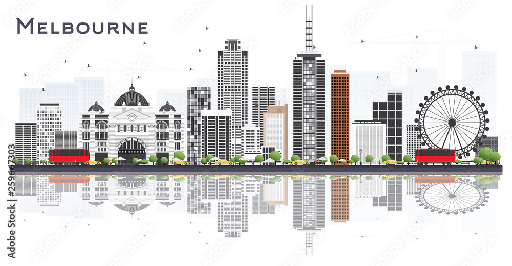 Melbourne Australia City Skyline with Gray Buildings and Reflections Isolated on White Background.