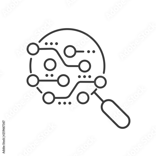 Electronic magnifying glass. Search system. Vector linear icon.