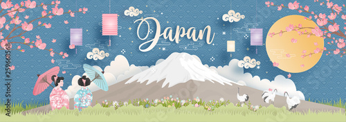 Panorama of travel postcard, poster, tour advertising of world famous landmarks of Japan with Fuji mountain and women in Kimono dress in paper cut style. Vector illustration