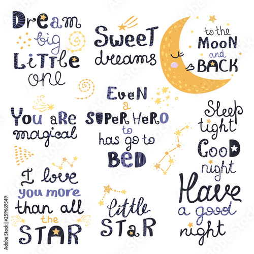 Vector set of night lettering with cute cartoon phrases. Beautiful phrases for baby rooms or bedroom.