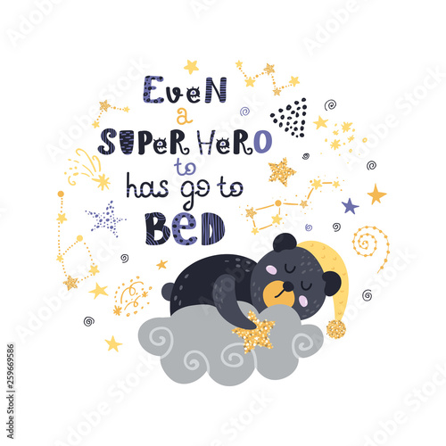 Poster with teddy bear, stars and lettering. Beautiful posters for baby rooms or bedroom.