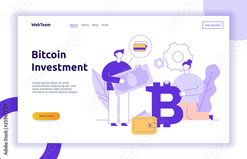 Vector bitcoin investment modern flat line illustration with big trendy people. Financial strategy website banner design concept.