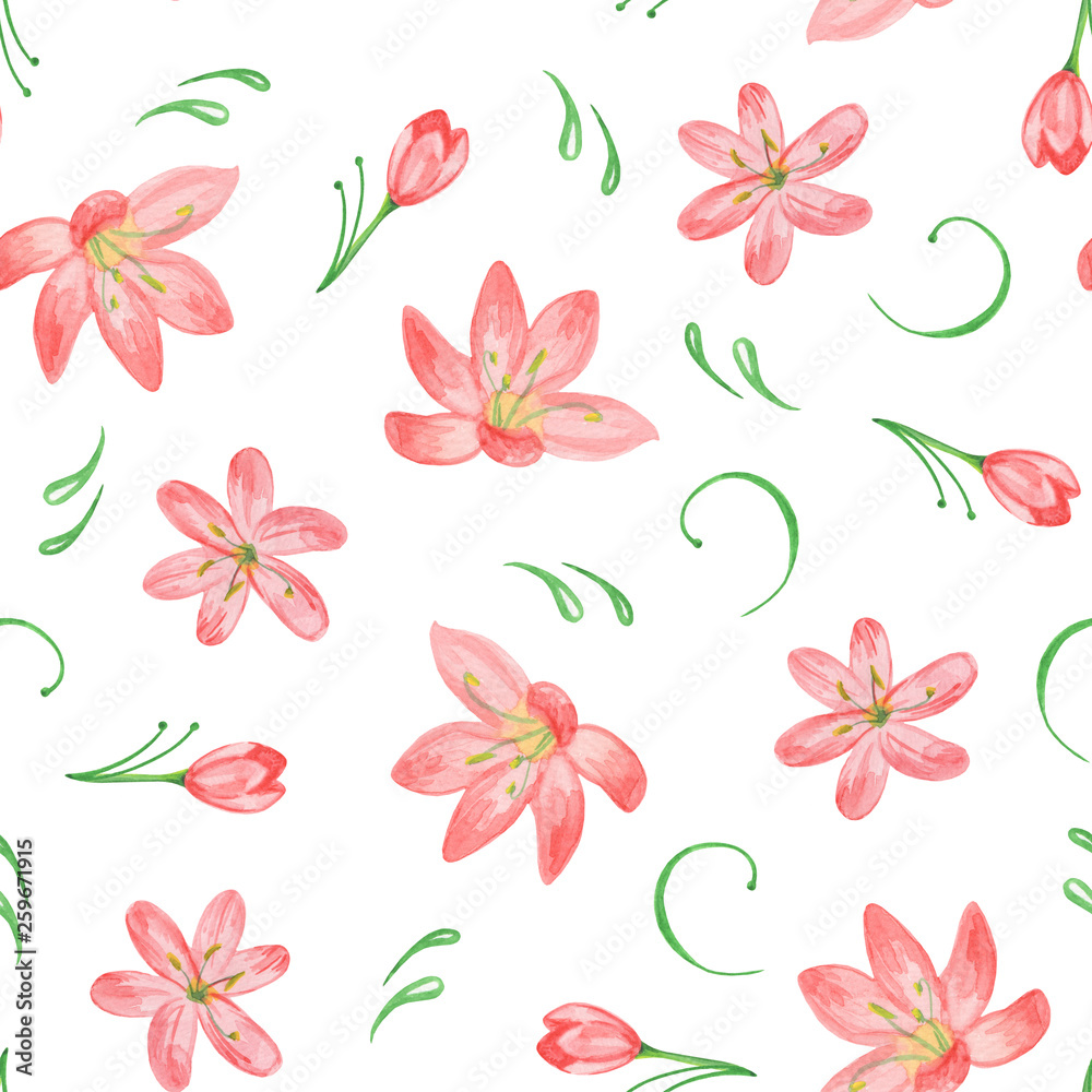 Beautiful seamless pattern with pink watercolor flowers on white background