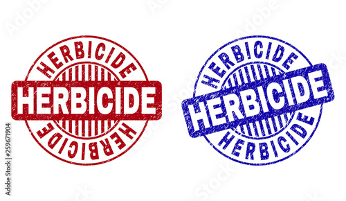Grunge HERBICIDE round stamp seals isolated on a white background. Round seals with grunge texture in red and blue colors. Vector rubber overlay of HERBICIDE title inside circle form with stripes.