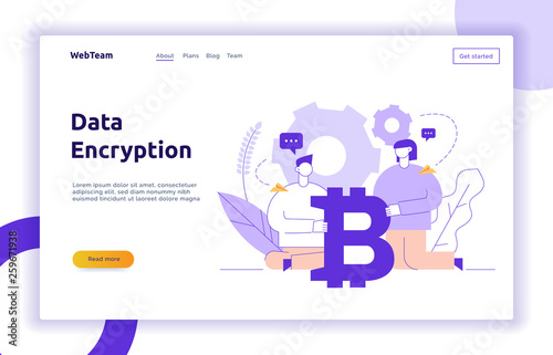 Vector bitcoin investment modern flat line illustration with big trendy people. Financial strategy website banner design concept.