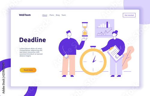 Vector teamwork and business strategy web page banner design template with big modern flat line people. Deadline illustration
