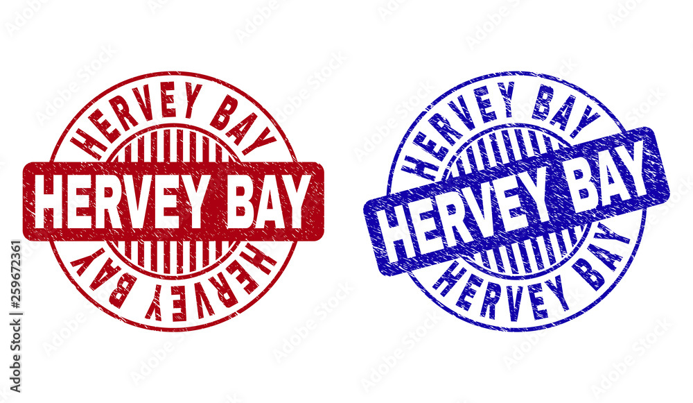 Grunge HERVEY BAY round stamp seals isolated on a white background. Round seals with grunge texture in red and blue colors. Vector rubber imprint of HERVEY BAY text inside circle form with stripes. Grunge HERVEY BAY round stamp seals isolated on a white background. Round seals with grunge texture in red and blue colors. Vector rubber imprint of HERVEY BAY text inside circle form with stripes.