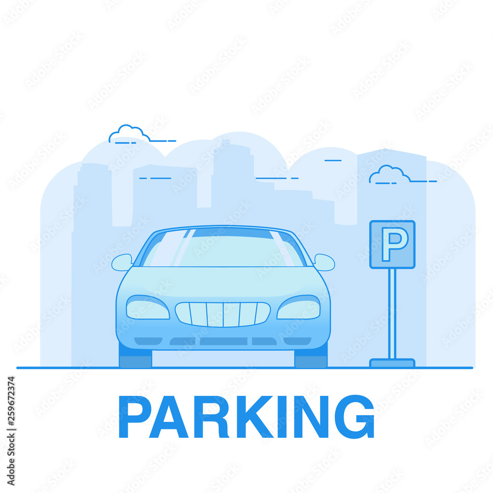 Car parking.City town street.Vehicle parked.Tower skyscrapers building.Icon flat vector.