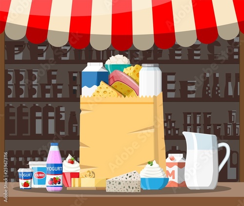 Milk street market store stall. Farmer shop or showcase counter. Dairy products set collection of food. Milk cheese yogurt butter sour cream cottage cream farm products. Vector illustration flat style