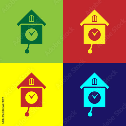 Color Retro wall watch icon isolated on color backgrounds. Cuckoo clock sign. Antique pendulum clock. Vector Illustration
