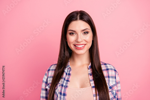 Close up photo amazing beautiful her she lady perfect brown eyes long straight hair white teeth beaming smile wear casual checkered plaid shirt clothes outfit isolated pink bright background © deagreez