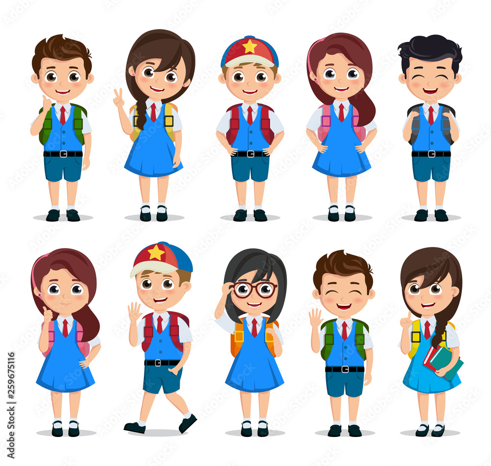 Student characters vector set. School kids cartoon characters wearing  school uniform with various poses and gestures for education related design  elements. Vector illustration. Stock Vector | Adobe Stock