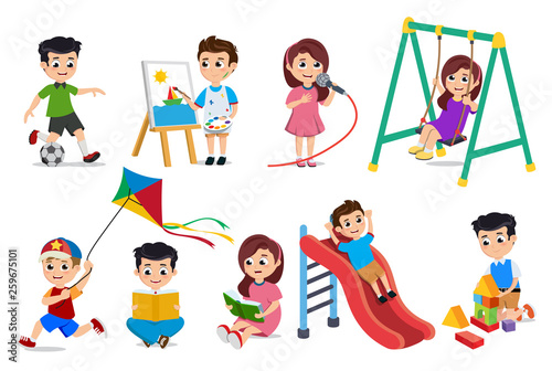 Kids playing vector characters set. Young boys and girls doing educational and school activities like playing toys, painting and reading book isolated in white. Vector illustration.