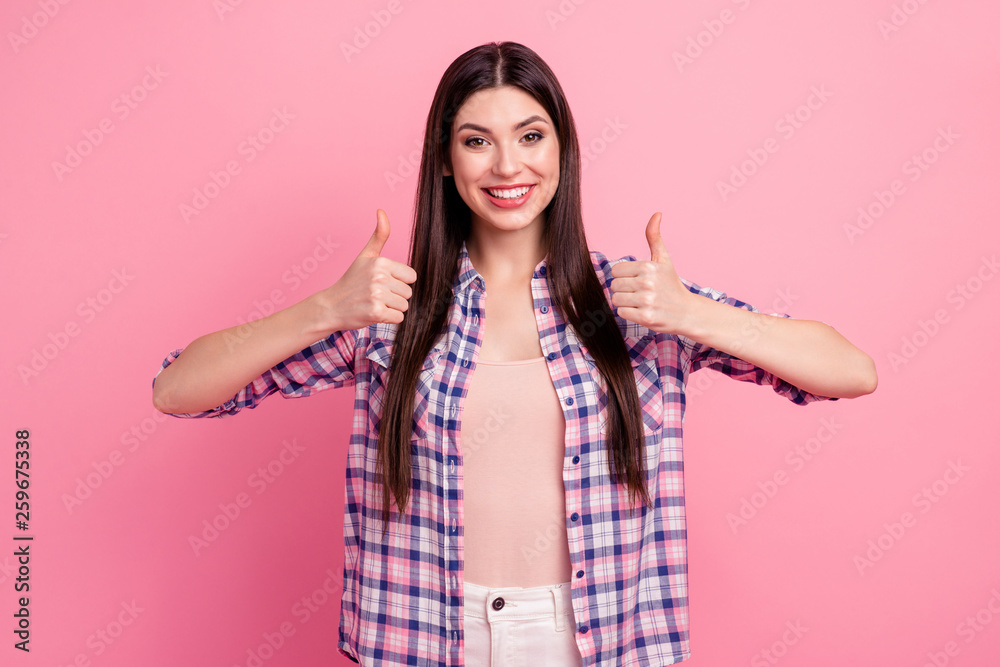 Close up photo amazing beautiful her she lady both hands arms thumb raised up white teeth novelty tested quality information wear casual checkered plaid shirt clothes outfit isolated pink background Close up photo amazing beautiful her she lady both hands arms thumb raised up white teeth novelty tested quality information wear casual checkered plaid shirt clothes outfit isolated pink background
