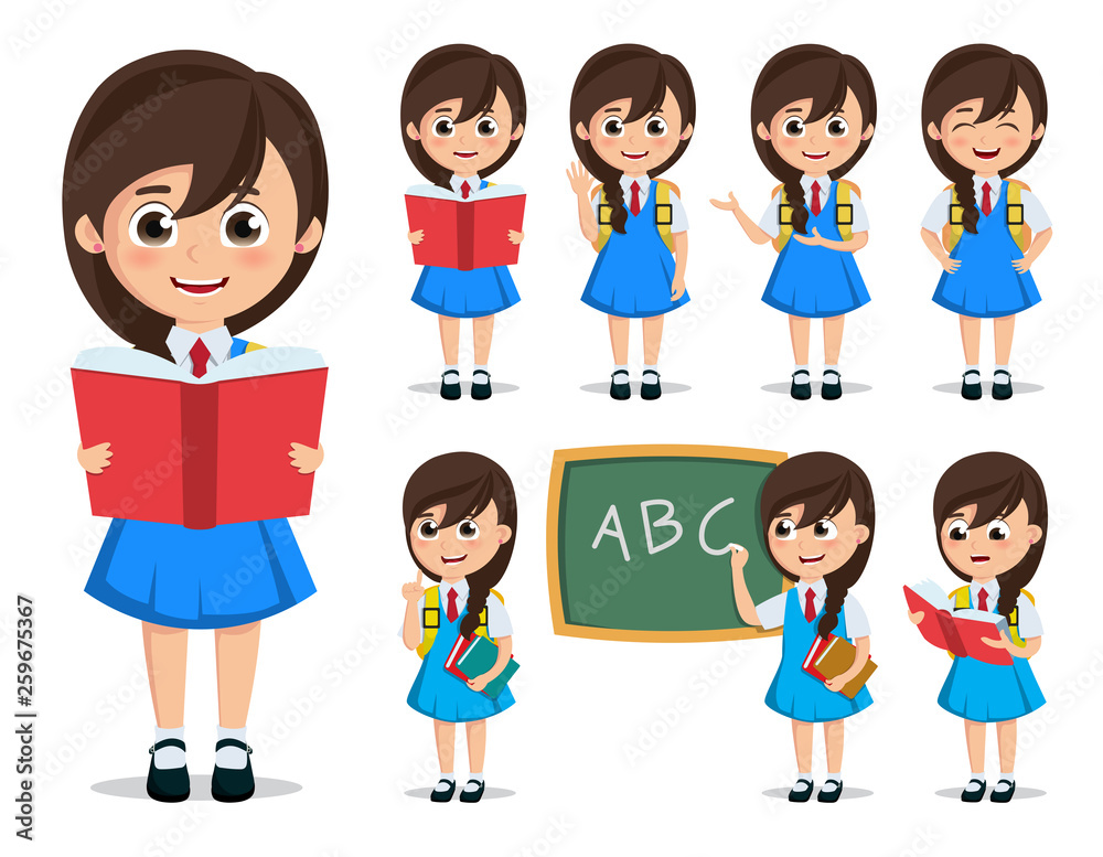 School girl student vector character set. Back to school kid cartoon character wearing uniform reading books and doing education activities in white background. Vector illustration. School girl student vector character set. Back to school kid cartoon character wearing uniform reading books and doing education activities in white background. Vector illustration.