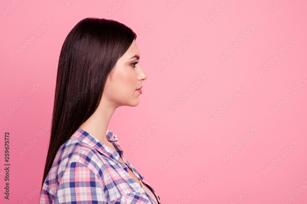 Close-up profile side view portrait of her she nice-looking attractive cute charming lovely winsome well-groomed sweet straight-haired lady isolated over pink pastel background Close-up profile side view portrait of her she nice-looking attractive cute charming lovely winsome well-groomed sweet straight-haired lady isolated over pink pastel background