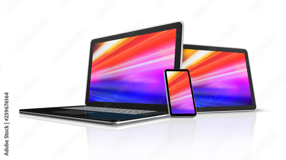 Laptop, tablet and phone set mockup isolated on white. 3D render Laptop, tablet and phone set mockup isolated on white. 3D render