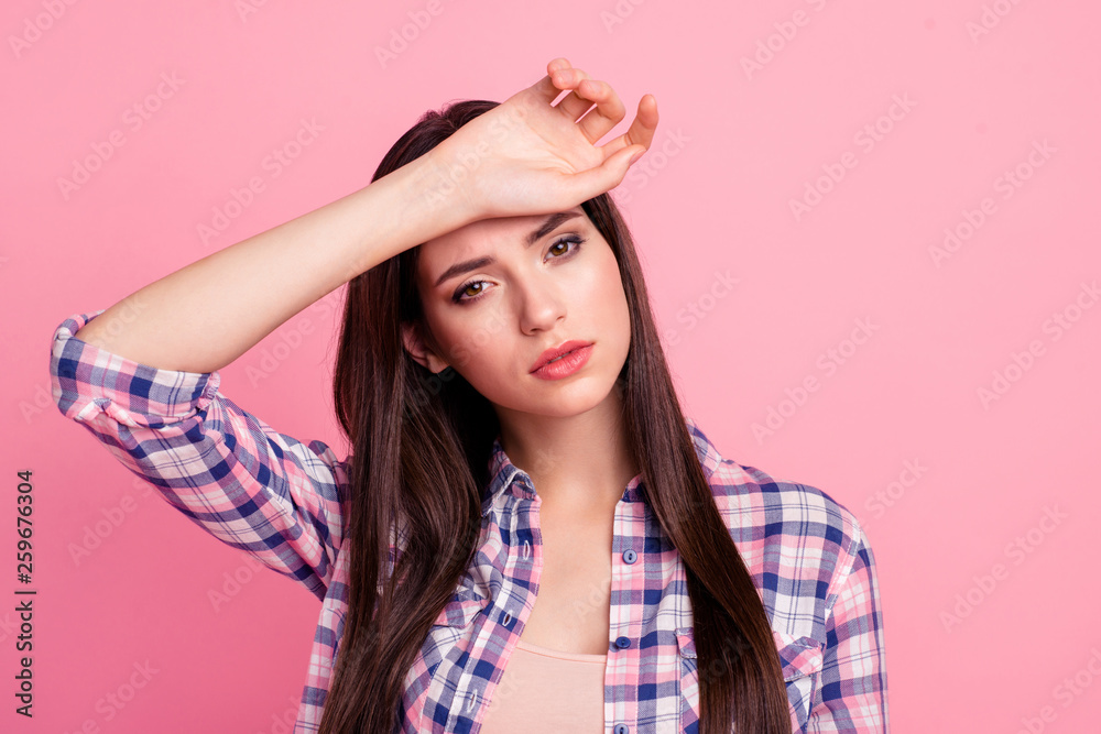 Fototapeta premium Close-up portrait of her she nice-looking attractive cute charming shine bored sad straight-haired lady having high temperature isolated over pink pastel background
